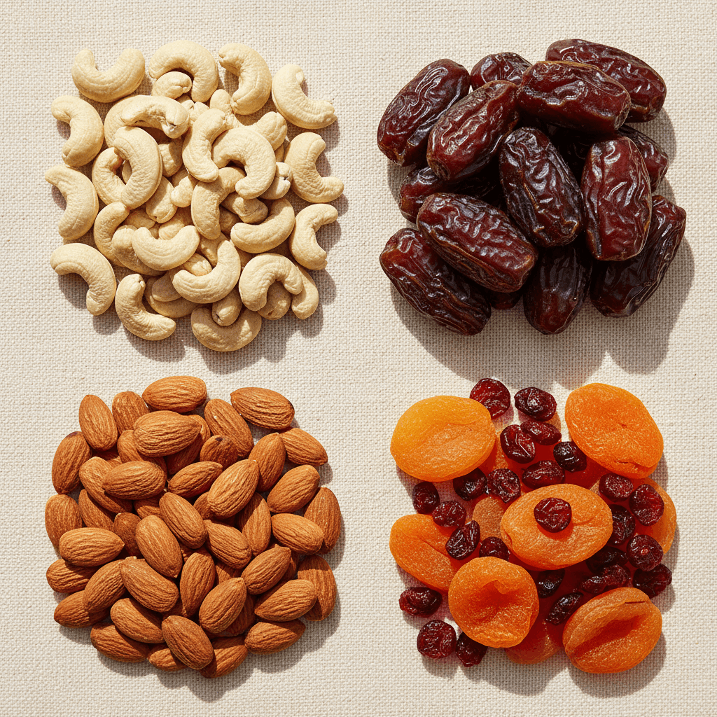 Variety of cashews, almonds, and dates arranged together