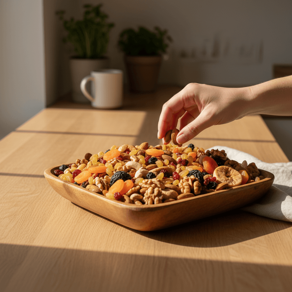 Bowl of mixed dry fruits on a kitchen counter