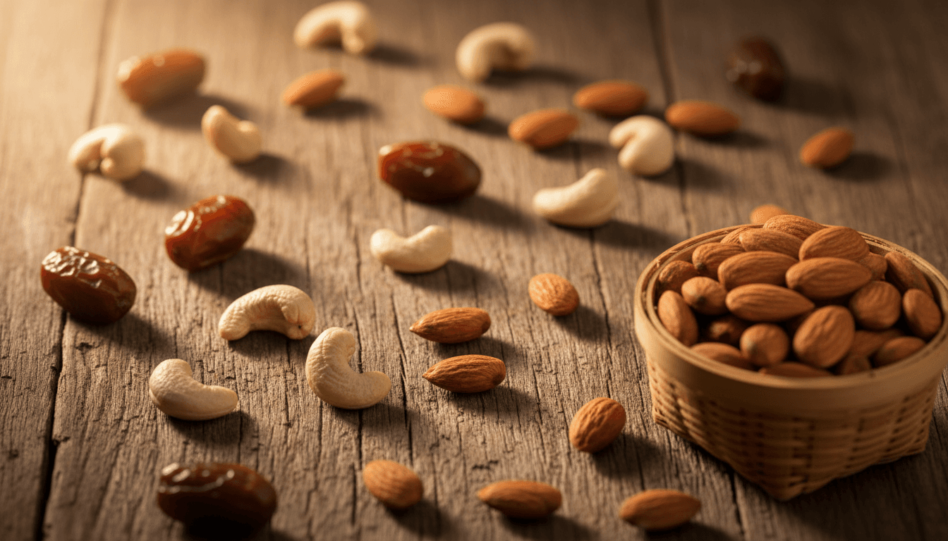 Fresh cashews, almonds, and dates arranged on rustic wood with natural morning light