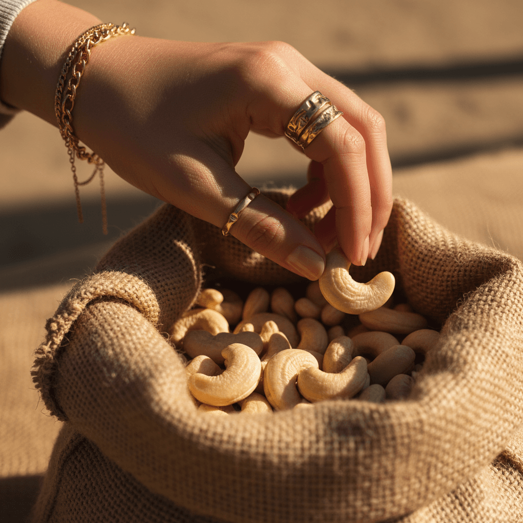 Hand selecting cashew from sack