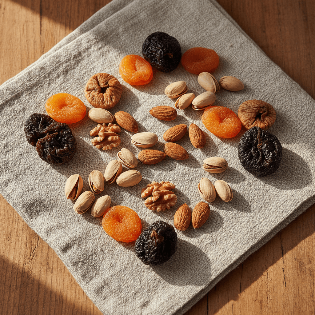 Individual cashew, almond, and date in sharp focus