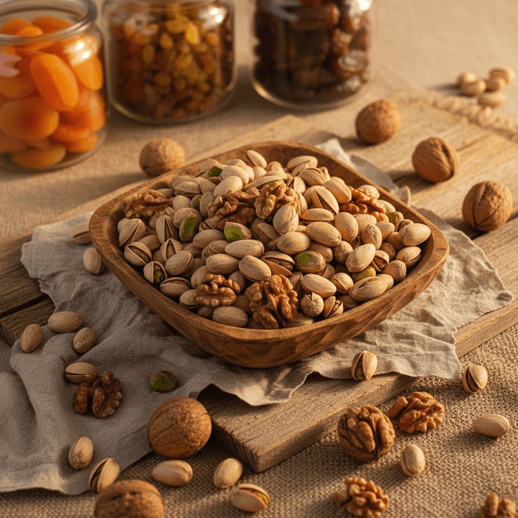 Overhead view of fresh cashews, almonds, and dates arranged on a wooden surface with warm natural lighting
