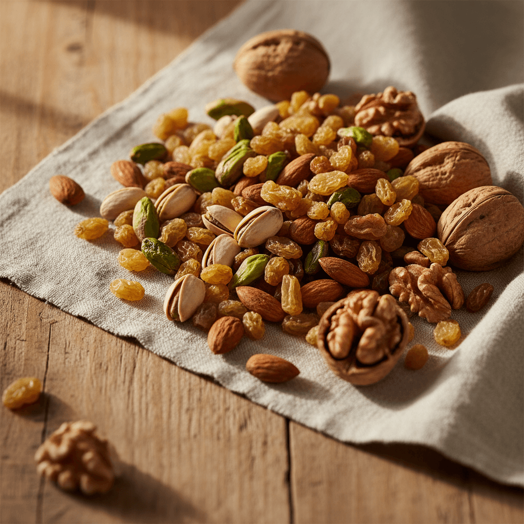 All three natural dry fruits arranged dramatically