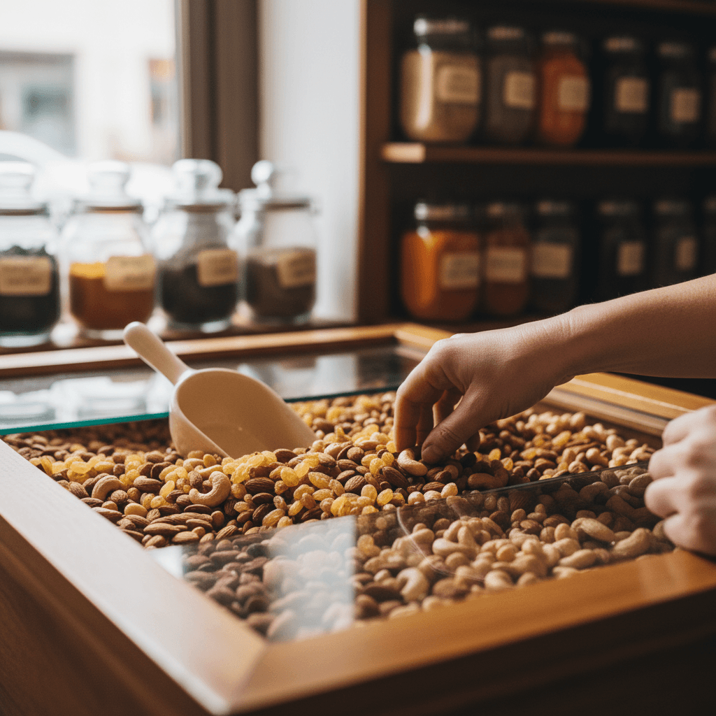 Customer examining fresh almonds